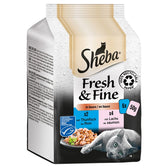 Sheba Fresh & Fine in Sauce, 6x50g. 2x tuna, 4x salmon. 100% recyclable paper. MSC certified for sustainable seafood.