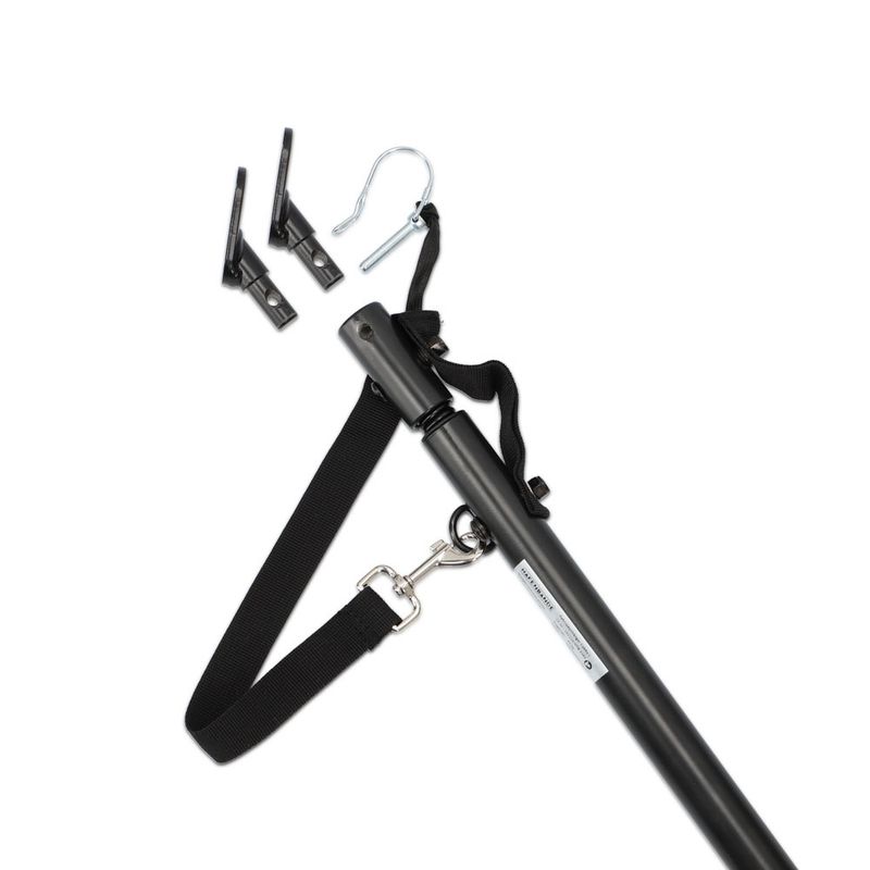 Black telescopic rod with fastening hook, two clips and adjustable strap. Accessory for secure installation.