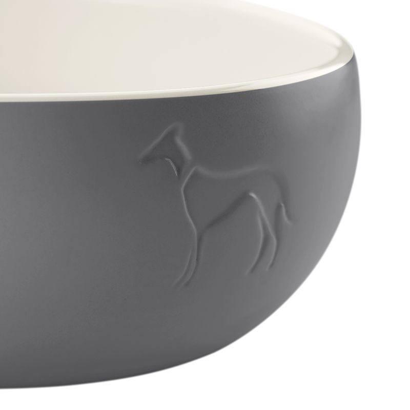 Grey ceramic bowl with embossed dog motif and white interior.