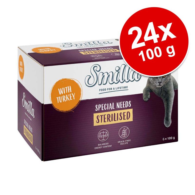 Smilla Special Needs Sterilised with turkey, 24x100g. Balanced energy content, grain-free recipe.
