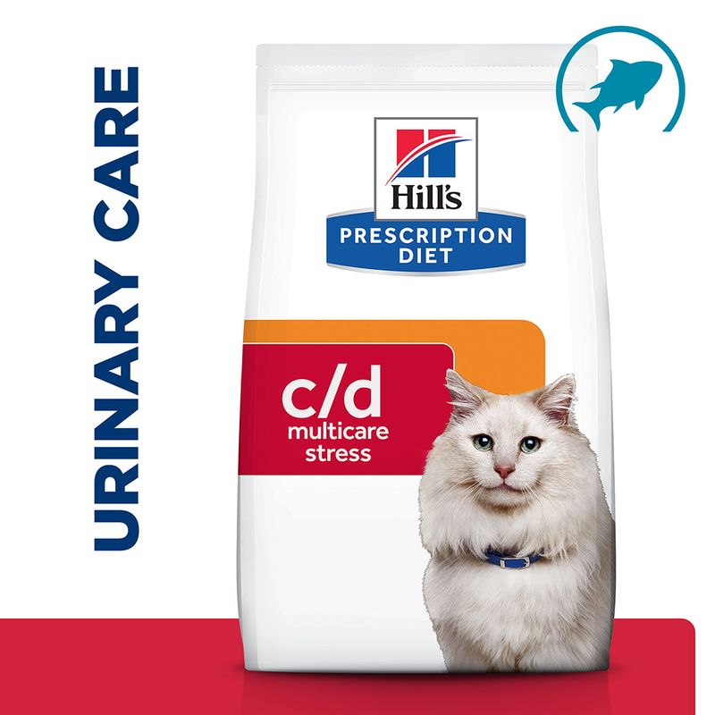 Hill's Prescription Diet c/d multicare stress food packaging with urinary care text and fish icon visible.