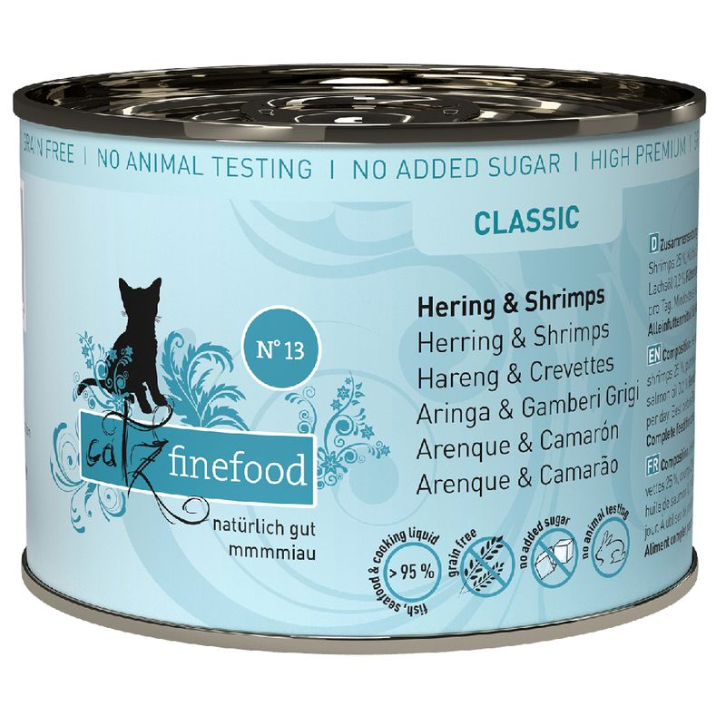 Catz Finefood Classic No. 13, herring & shrimps, naturally good, no added sugar, no animal testing, grain-free, over 95% fish content and cooking liquid.