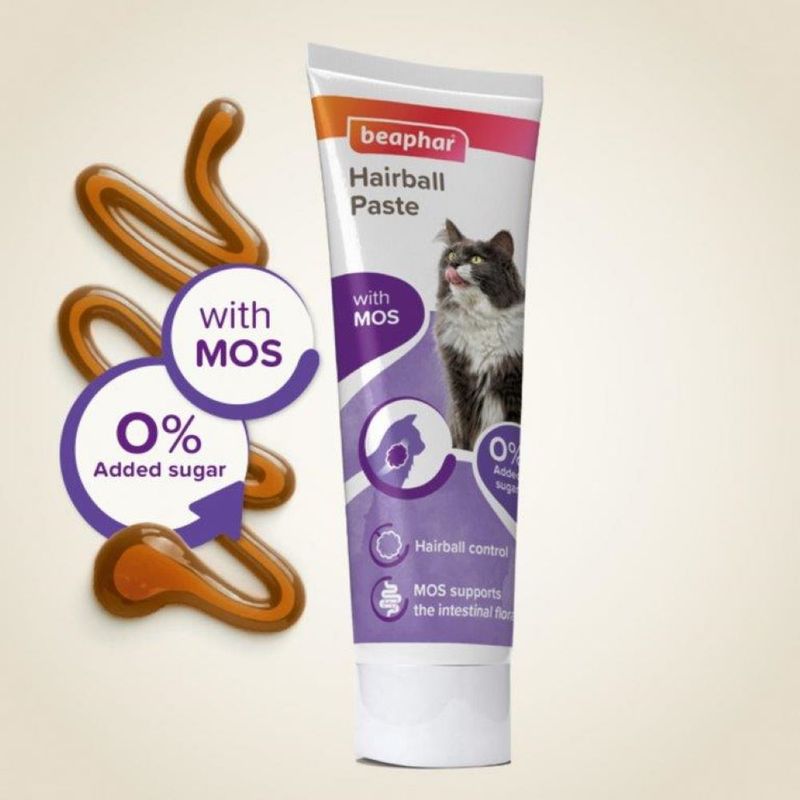 Tube labelled Hairball Paste with MOS, 0% added sugar. Text highlights hairball control and support for intestinal flora. Visual shows paste swirl and product features.
