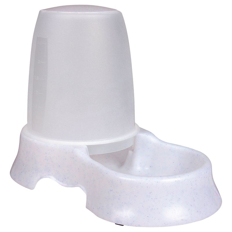 Automatic water dispenser with a large transparent reservoir and attached bowl for continuous water supply.
