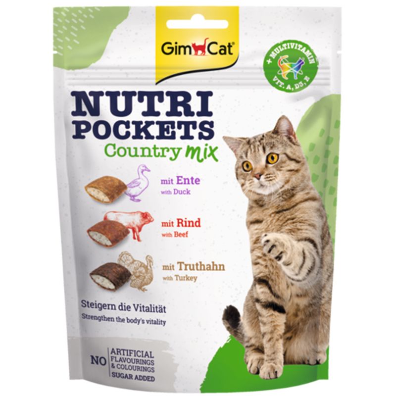 GimCat Nutri Pockets Country Mix with duck, beef and turkey. Multivitamins: Vit. A, D3. No artificial flavours, colourants or added sugar.