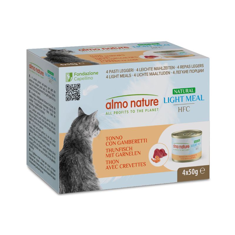Almo Nature Natural Light Meal HFC, tuna with shrimp, 4x50g. Packaging shows a cat and product image. Text: 'All profits to the planet'.