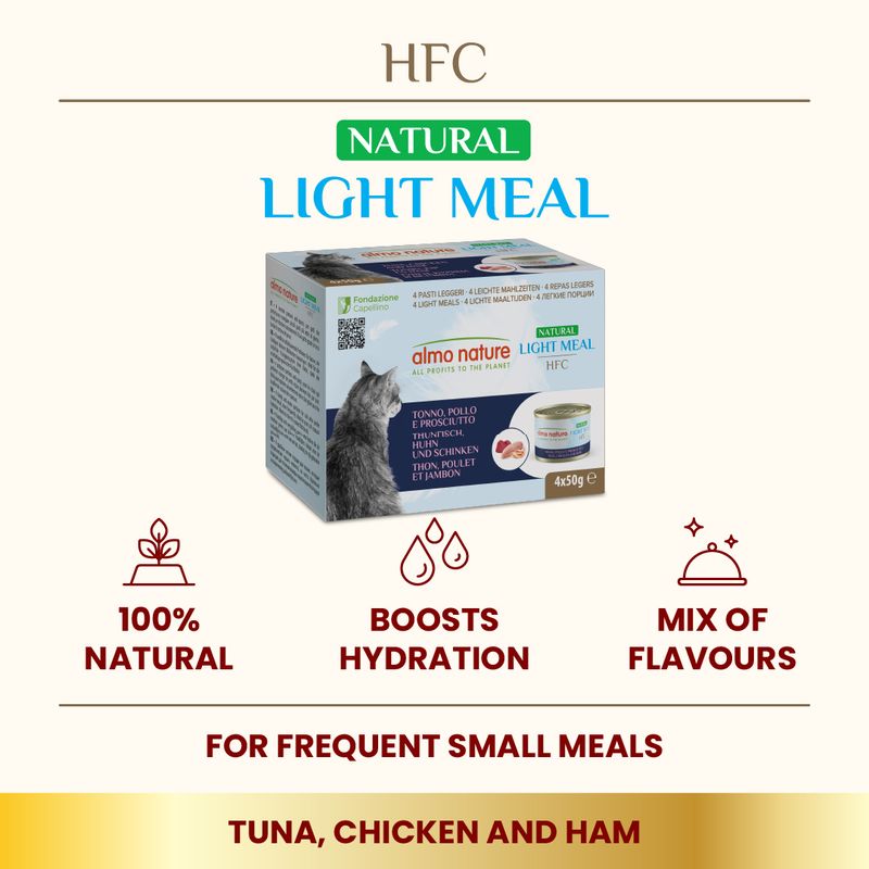 Natural light meal with tuna, chicken and ham. 100% natural, boosts hydration, mix of flavours. Suitable for frequent small meals. Box of 4x50g portions shown.