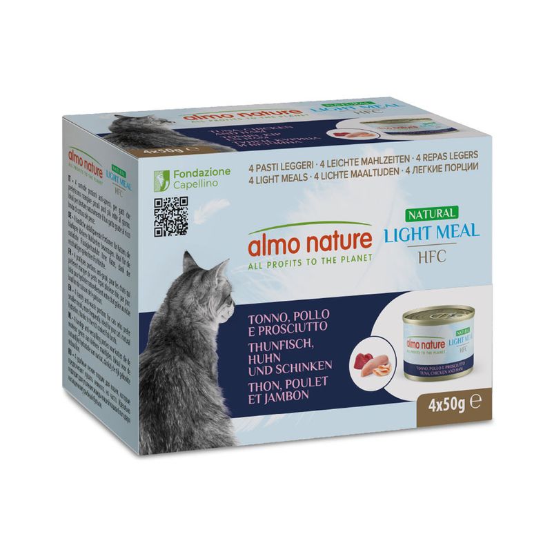 Almo Nature Natural Light Meal HFC, 4 light meals with tuna, chicken and ham, 4x50g. All profits for the planet. QR code visible.