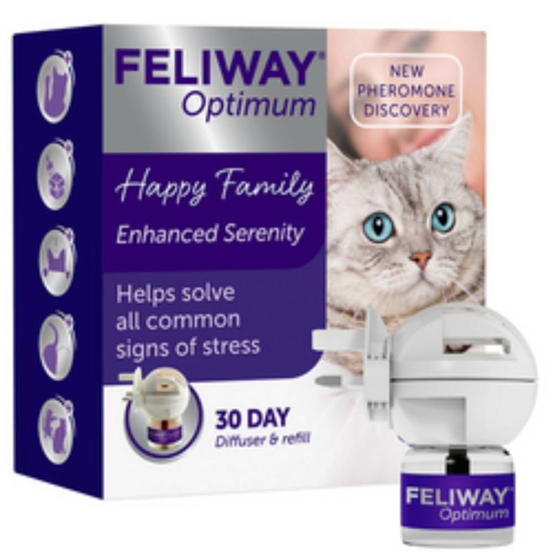 Feliway Optimum diffuser and refill, 30 day supply. Claims to help solve all common signs of stress with new pheromone discovery for enhanced serenity and happy family.