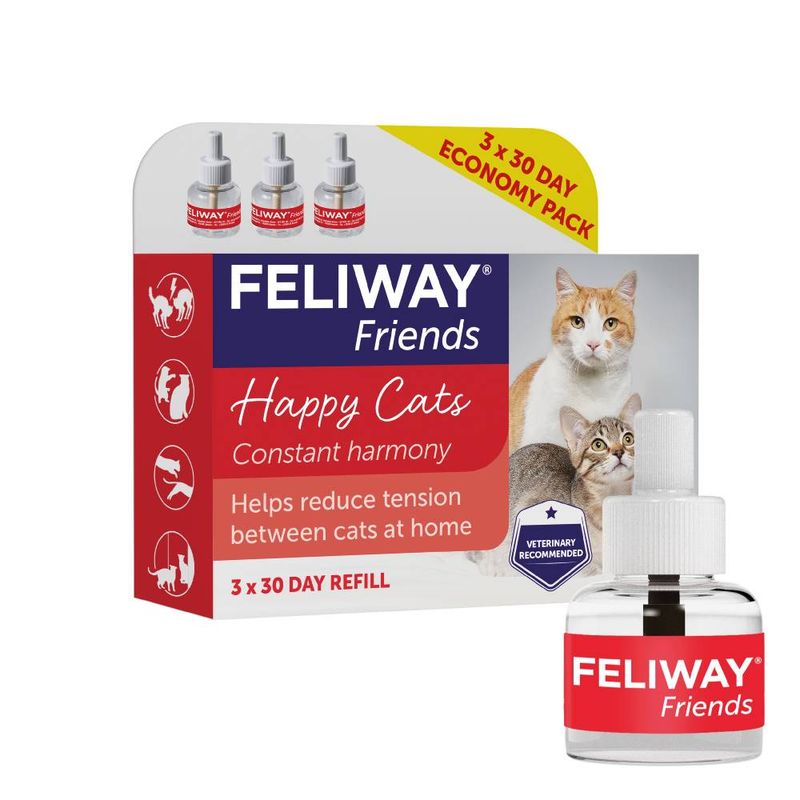 Feliway Friends 3 x 30 day refill pack. Helps reduce tension between cats at home. Veterinary recommended. Happy Cats, constant harmony.