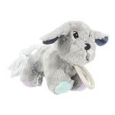 Grey plush toy in dog shape with colourful paws, fabric rope and ring. Suitable for pets to play.