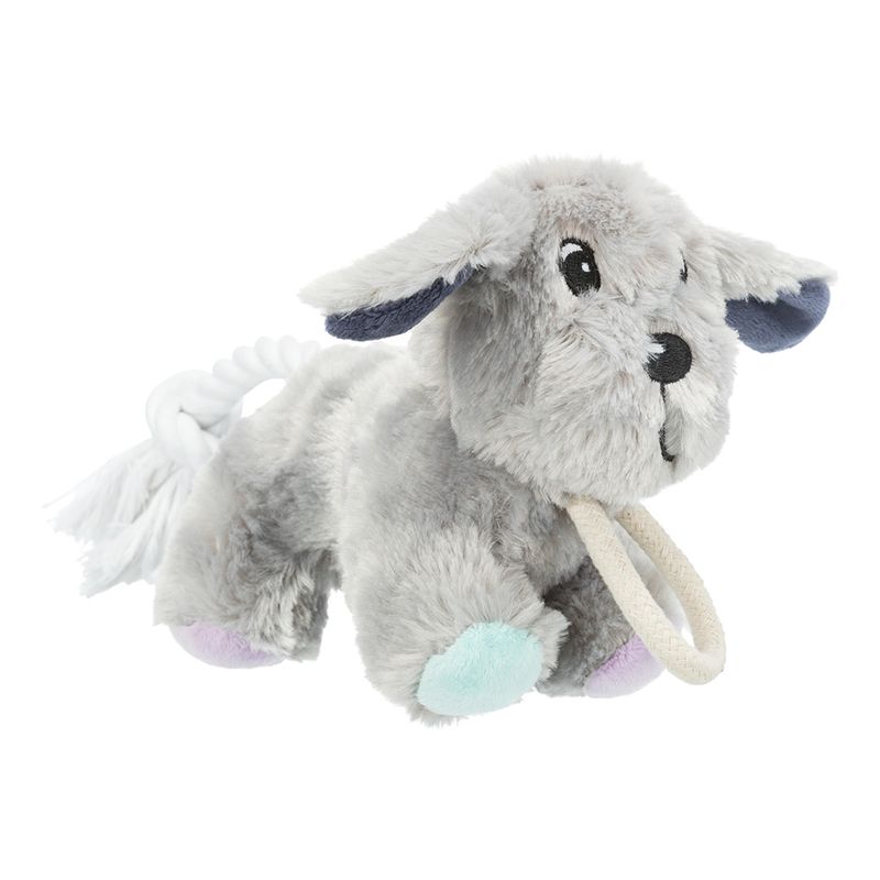 Grey plush toy in dog shape with colourful paws, fabric rope and ring. Suitable for pets to play.