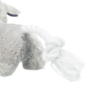 Plush toy with grey fur and white knotted rope, suitable for pulling and chewing activities.