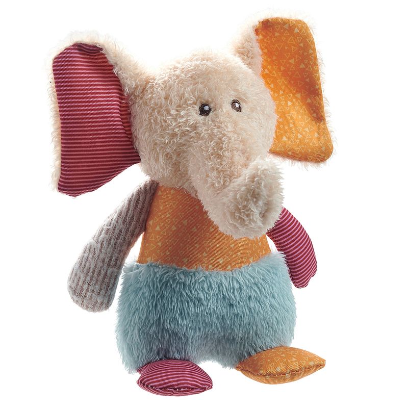 Plush toy in elephant shape with colourful fabric patterns: orange, blue, red striped and grey. Suitable as a toy for pets.