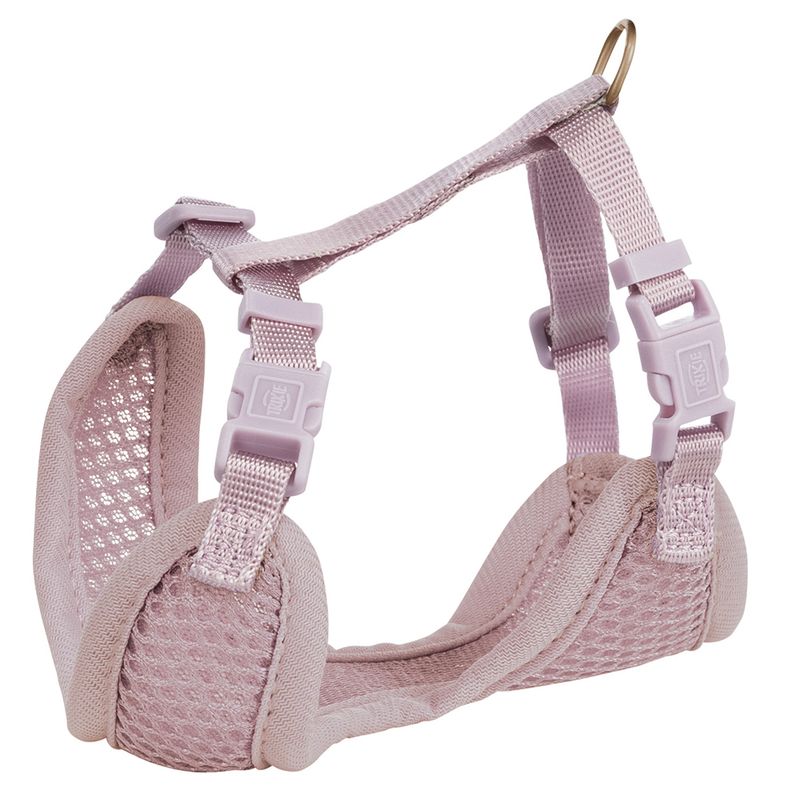 Pink harness made of breathable mesh fabric with adjustable straps and click fasteners, visible metal ring for attachment.