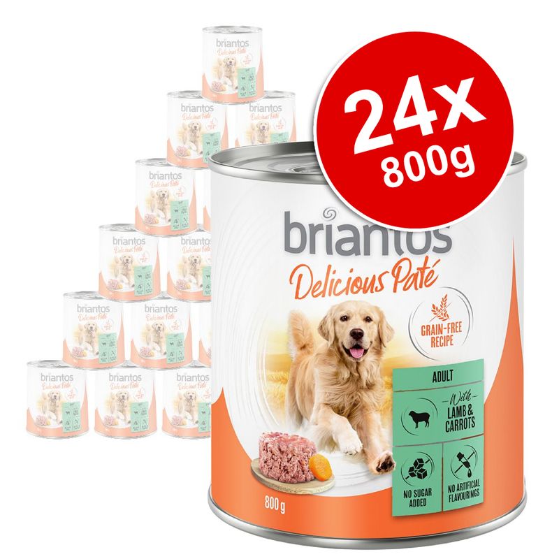briantos Delicious Paté Grain-Free Recipe, Adult, with Lamb & Carrots, 24x800g cans, no sugar added, no artificial flavourings, visible dog image on packaging