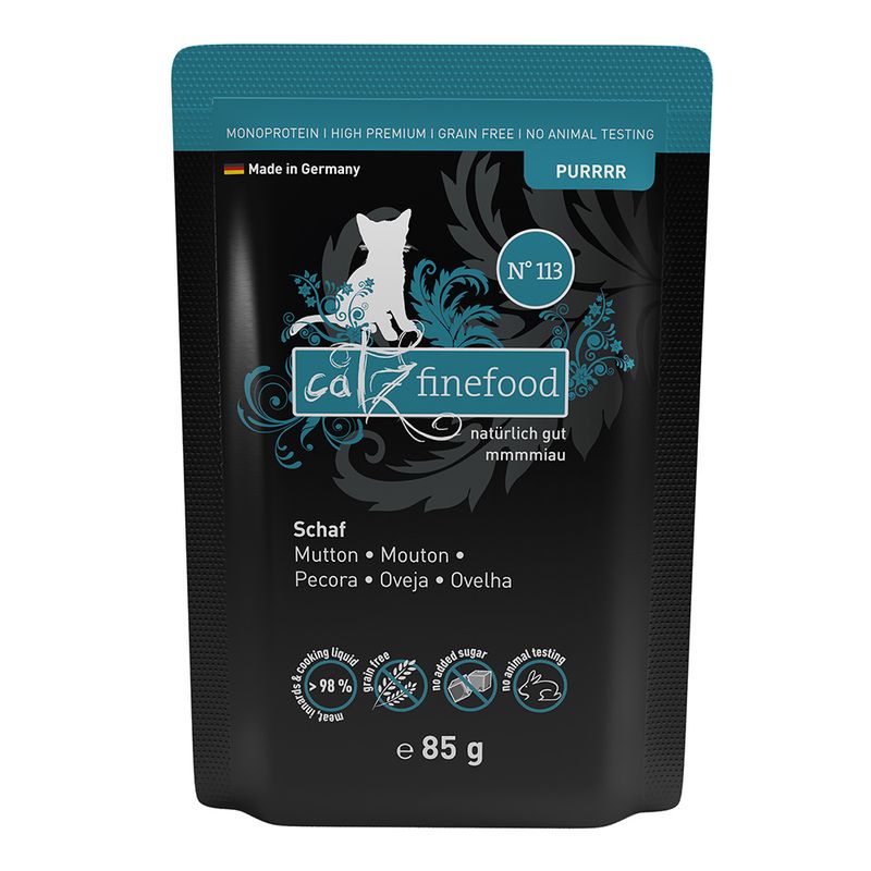 catz finefood No. 113, lamb, 85g. Monoprotein, high premium, grain-free, no animal testing, made in Germany. 98% meat content, no added sugar.
