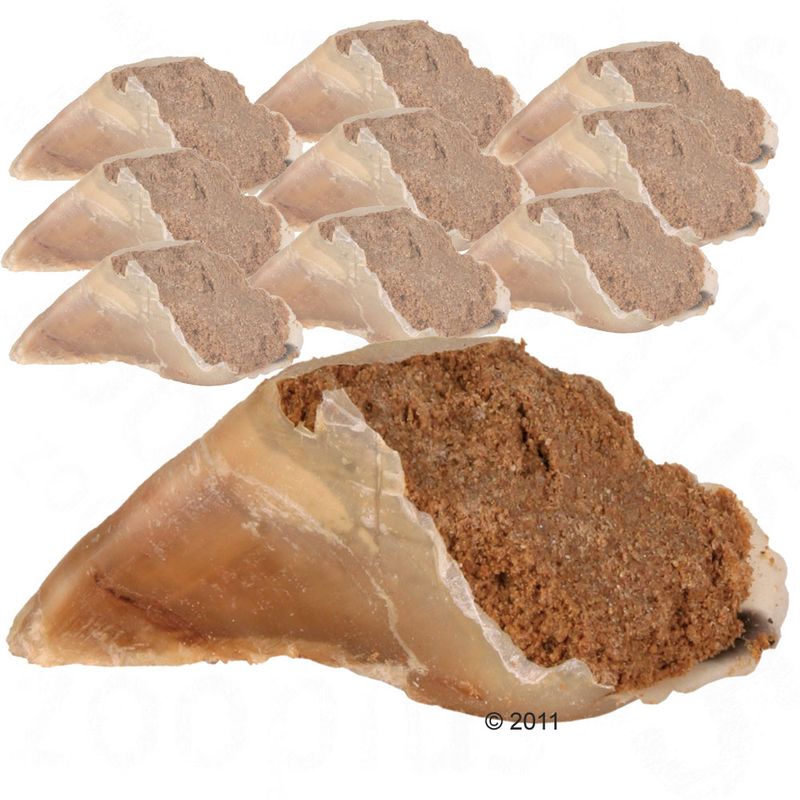 Filled cow hooves with brown filling, several pieces visible. Snack for pets.