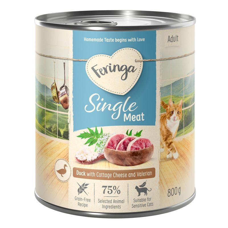 Feringa Single Meat Adult, Duck with cottage cheese and valerian, grain-free, 75% selected animal ingredients, suitable for sensitive cats, 800g can.