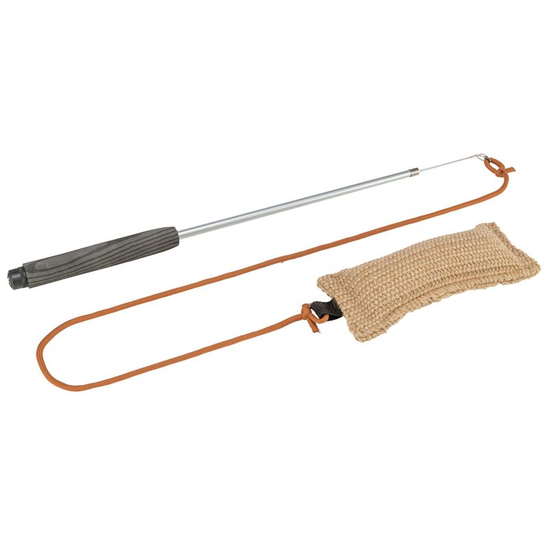 Teaser wand with metal rod, black handle and beige padded jute attachment on a brown cord.