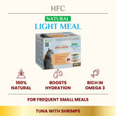 almo nature HFC Natural Light Meal, tuna with shrimps, 4x50g. 100% natural, boosts hydration, rich in omega 3. For frequent small meals. Text in English, Italian, German, French.