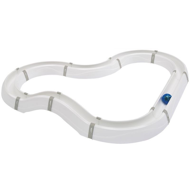 White play track with curved sections and a blue ball inside, suitable for interactive play.
