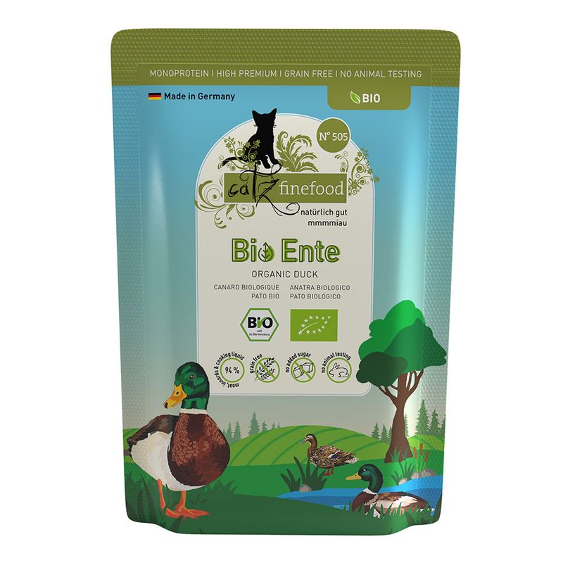 catz finefood Bio duck, monoprotein, high premium, grain-free, no animal testing, made in Germany, organic certificate, 94% meat content, no added sugar.