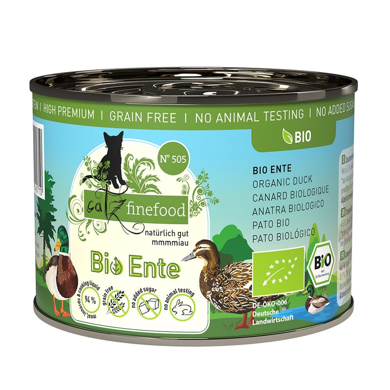 Catz Finefood Bio duck, No. 505, naturally good, no added sugar, grain-free, no animal testing, DE-ÖKO-006, organic certificate, German agriculture.