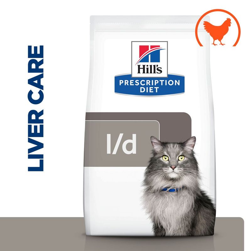 Bag labelled Hill's Prescription Diet l/d with a cat image, text stating Liver Care, and an orange chicken icon in the corner.