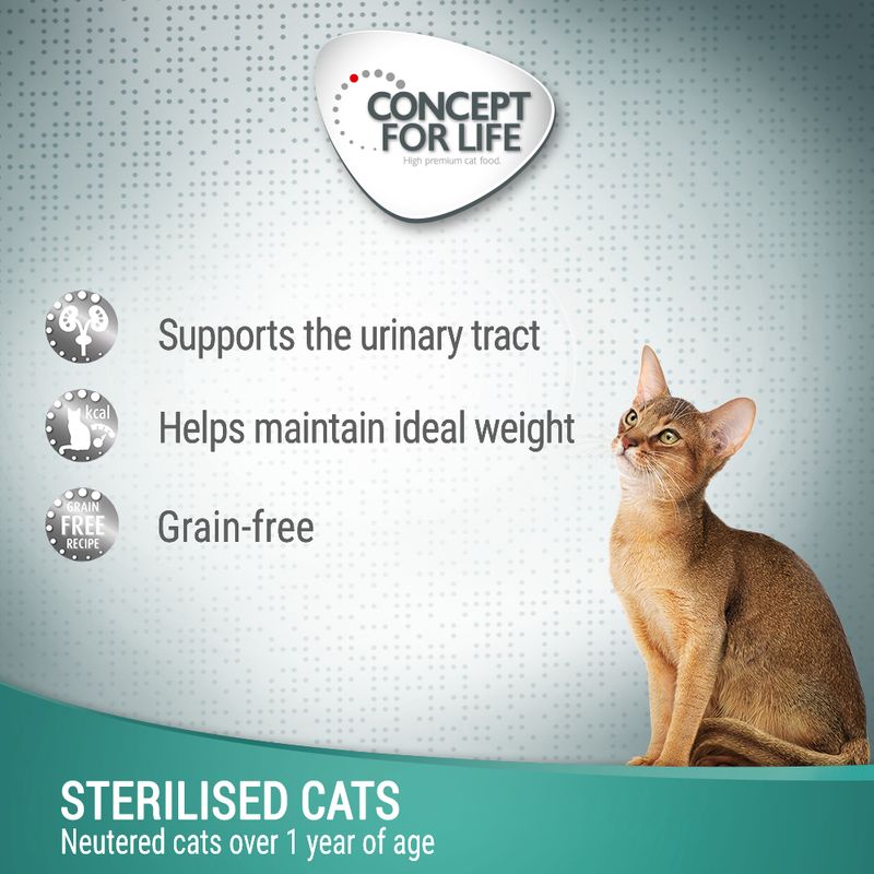 Supports the urinary tract, helps maintain ideal weight, grain-free. For sterilised cats over 1 year of age.