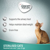 Supports the urinary tract, helps maintain ideal weight, grain-free. For sterilised cats over 1 year of age.