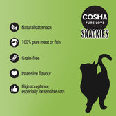 Cosma Snackies: natural cat snack, 100% pure meat or fish, grain-free, intensive flavour, high acceptance especially for sensible cats.