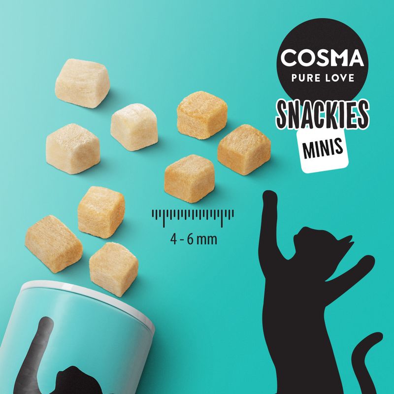 Cosma Snackies Minis shown as small cube treats, size 4 to 6 mm, with product name and silhouette of a cat reaching up.