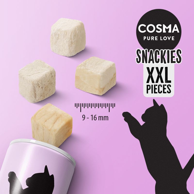 Cosma Snackies XXL pieces shown as cube-shaped treats, size range 9 to 16 mm indicated, with product name and silhouette of an animal visible.