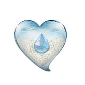 Heart-shaped display with water and white stones, symbolising moisture retention.