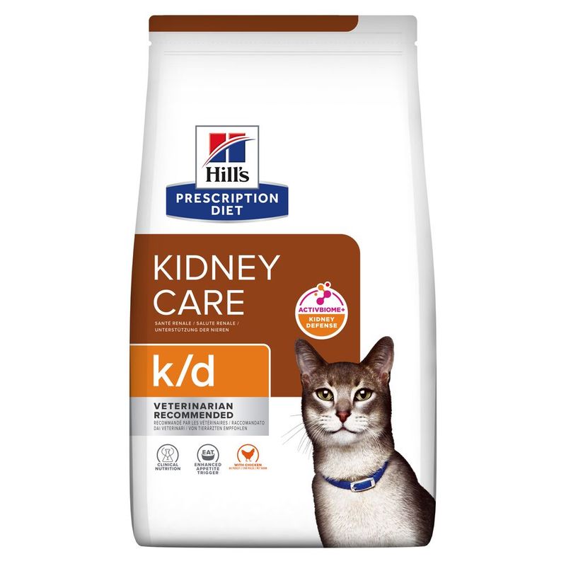 Hill's Prescription Diet Kidney Care k/d with ActivBiome+ Kidney Defense, veterinarian recommended, clinical nutrition, enhanced appetite trigger, image of a cat on packaging.