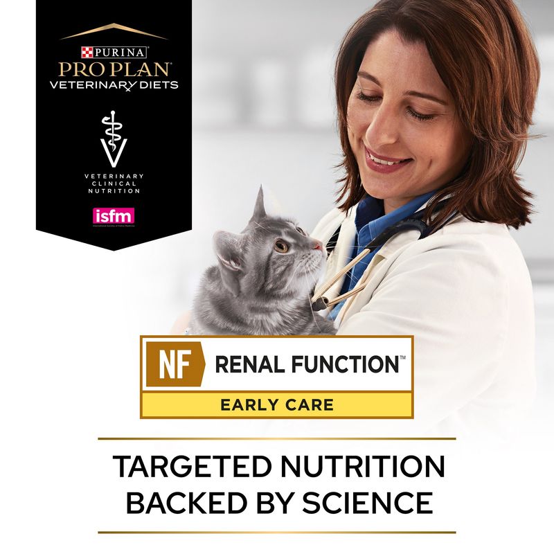 Purina Pro Plan Veterinary Diets NF Renal Function Early Care. Targeted nutrition backed by science. Veterinary clinical nutrition and ISFM logos visible.