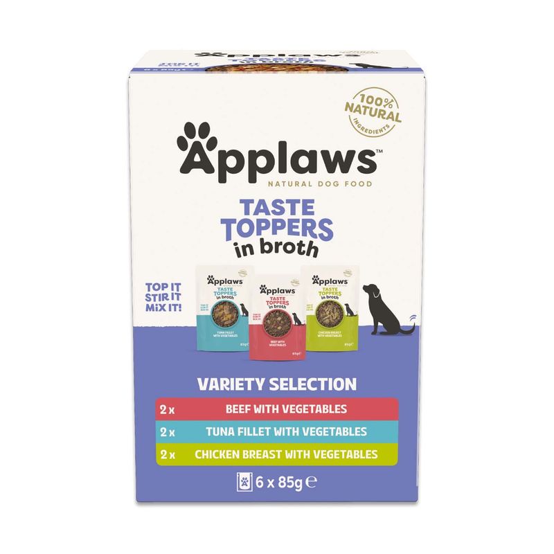 Applaws Taste Toppers in broth, Variety Selection: 2x Beef with Vegetables, 2x Tuna Fillet with Vegetables, 2x Chicken Breast with Vegetables, 6 x 85g, 100% natural ingredients.