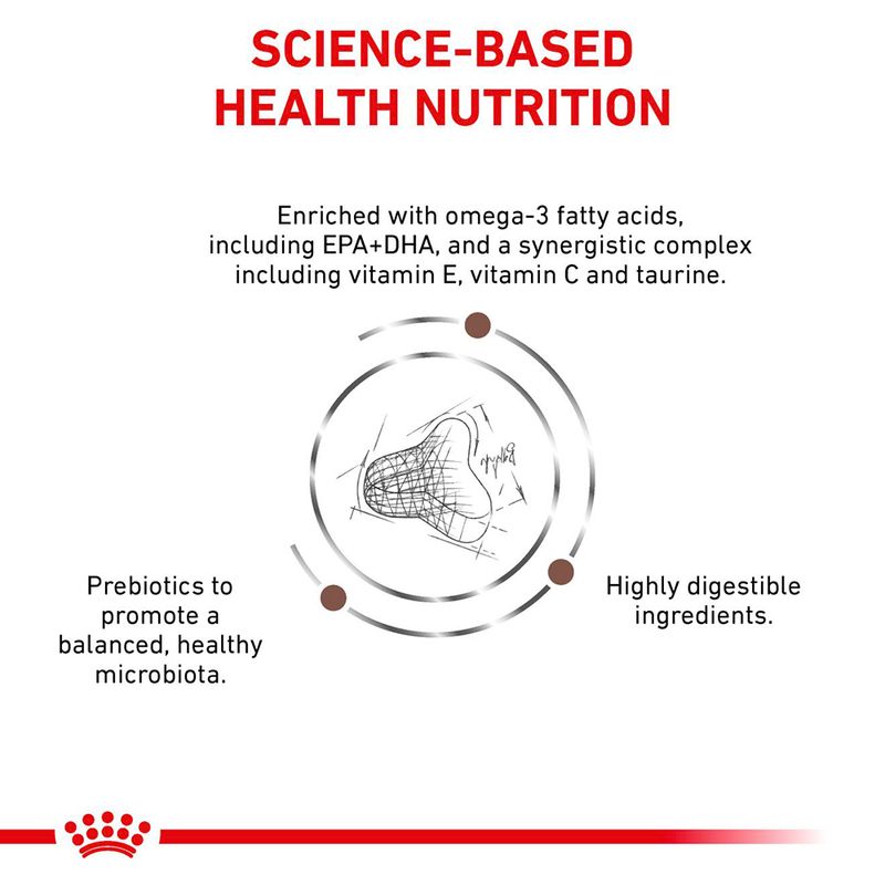 Science-based health nutrition with omega-3 fatty acids, EPA+DHA, vitamin E, vitamin C, taurine, prebiotics for healthy microbiota, and highly digestible ingredients.