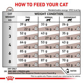 Feeding guide table for cats by weight and condition, showing daily dry food grams or mix with one 85g pouch. Includes advice to add water and consult a vet. For Gastrointestinal Fibre Response.