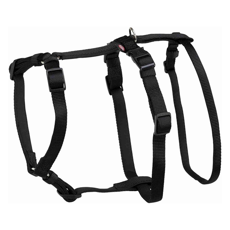 Black adjustable harness with buckles and metal ring, suitable for pets. Durable material visible.