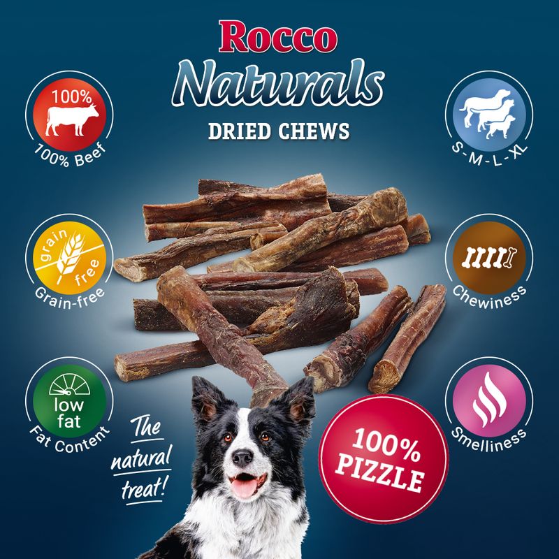 Rocco Naturals dried chews made from 100% beef, grain-free, low fat, suitable for various sizes, chewy texture, smelly, labelled as 100% pizzle and natural treat.