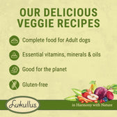 Our delicious veggie recipes: complete food for adult dogs, essential vitamins, minerals and oils, good for the planet, gluten-free. Lukullus in harmony with nature.