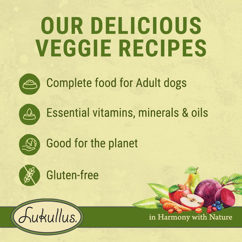 Our delicious veggie recipes: complete food for adult dogs, essential vitamins, minerals and oils, good for the planet, gluten-free. Lukullus in harmony with nature.