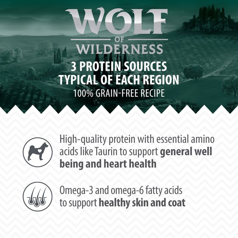 Wolf of Wilderness. Three protein sources typical of each region. 100% grain-free recipe. High-quality protein with taurine for well-being and heart health. Omega-3 and 6 for skin and coat.