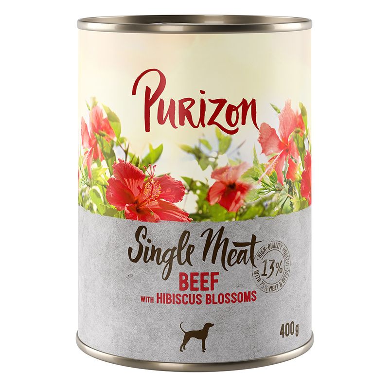 Purizon Single Meat Beef with Hibiscus Blossoms, 400g can, 13% high-quality meat and animal ingredients.