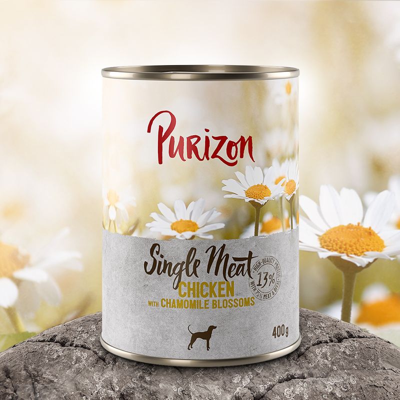 Purizon Single Meat Chicken with chamomile flowers, 400g can. 13% protein content, high-quality ingredients for dogs.
