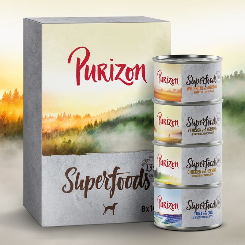 Purizon Superfoods wet food for dogs, 6x100g. Varieties: wild boar with herring, venison with herring, chicken with herring, tuna with cod.