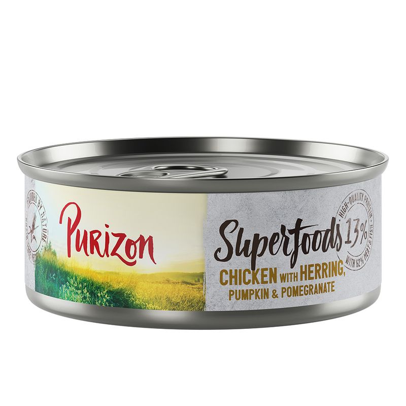 Purizon Superfoods can, chicken with herring, pumpkin and pomegranate, 13% protein, high-quality ingredients.