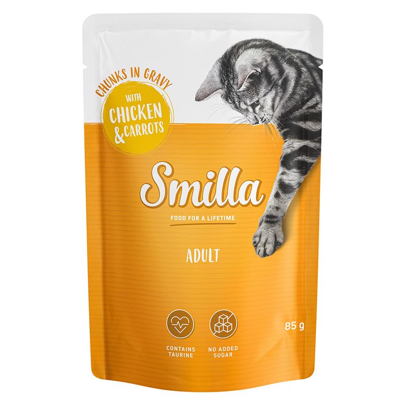Smilla Adult cat food, chunks in gravy with chicken and carrots, contains taurine, no added sugar, 85 g.